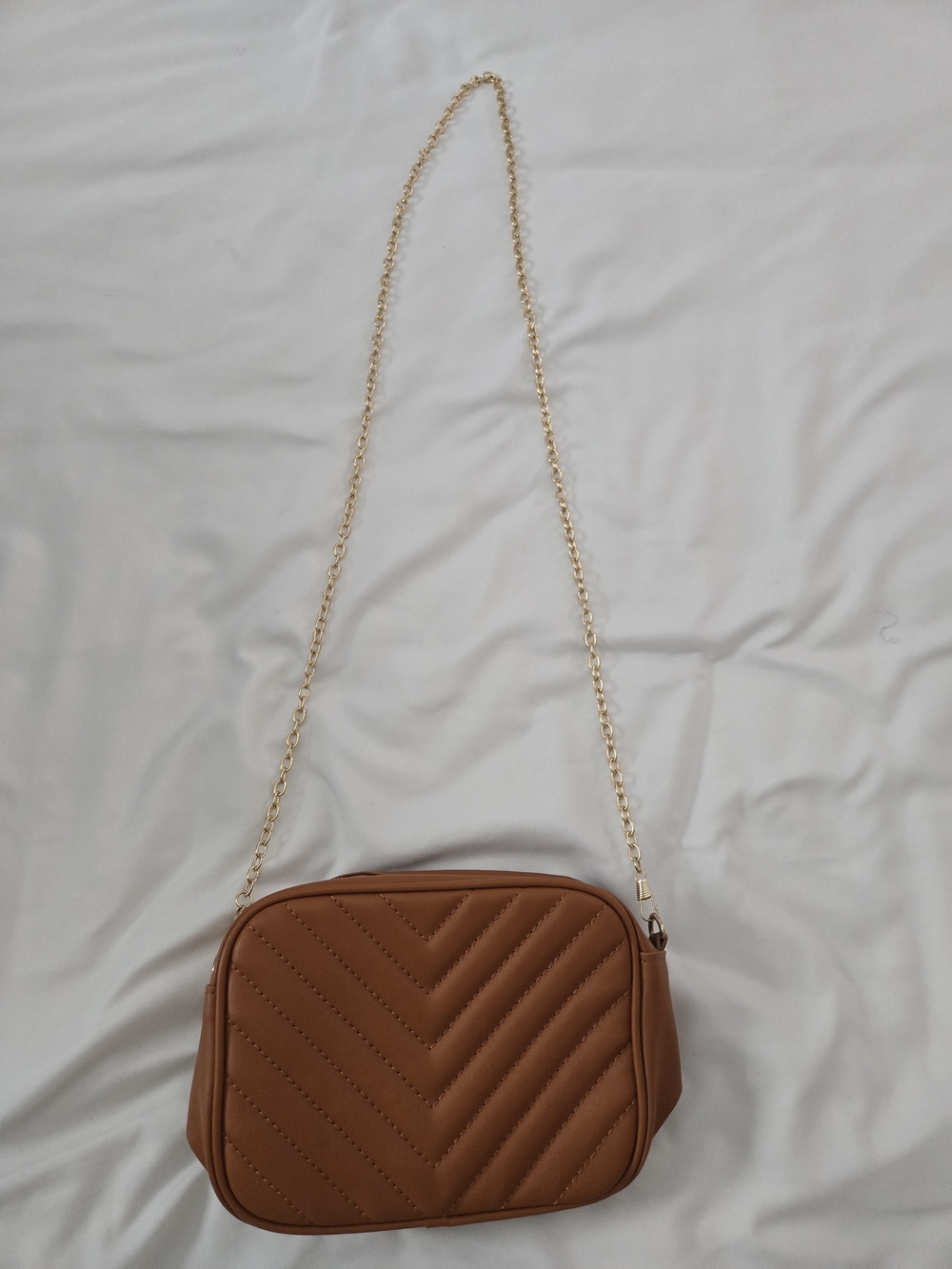 Quilted Crossbody Bag in Cognac Brown with Gold Chain